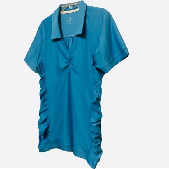 Athleta Womens Birdie Blue Polo Shirt Athletic Golf UPF 50 Rouched Sides Size M - Picture 9 of 13